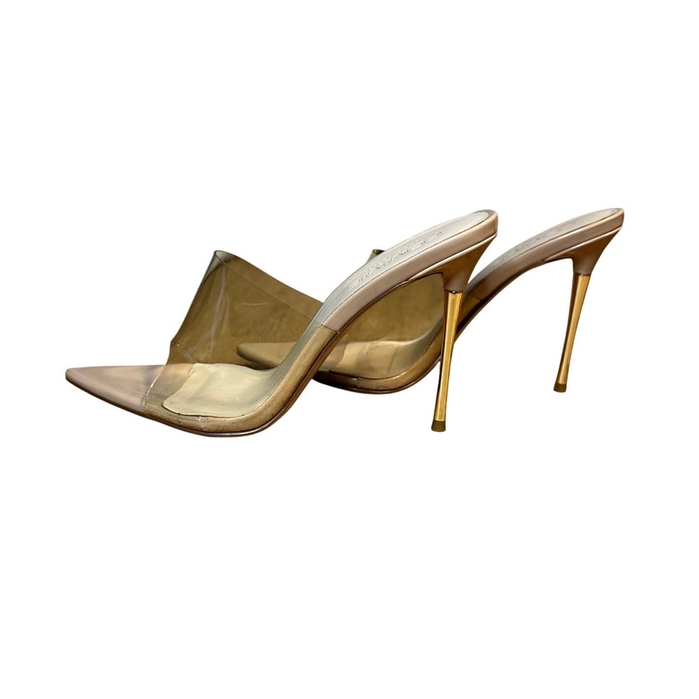 Femme LA Clear Vinyl Mules Stiletto Heels Beige Patent Pointed Toe Size 37